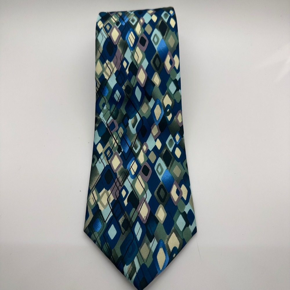 J. Garcia Necktie‎ Geometric Diamond Pattern Blue Green Silk Blend